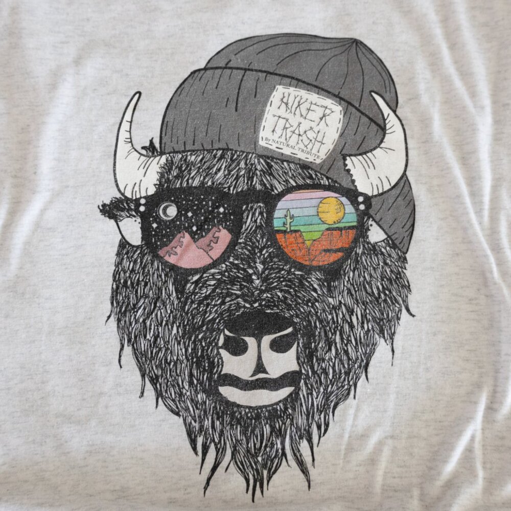 Hiker Trash by Natural Tribute Bison with Sunglasses and Beanie Unisex T-Shirt - Picture 2 of 8